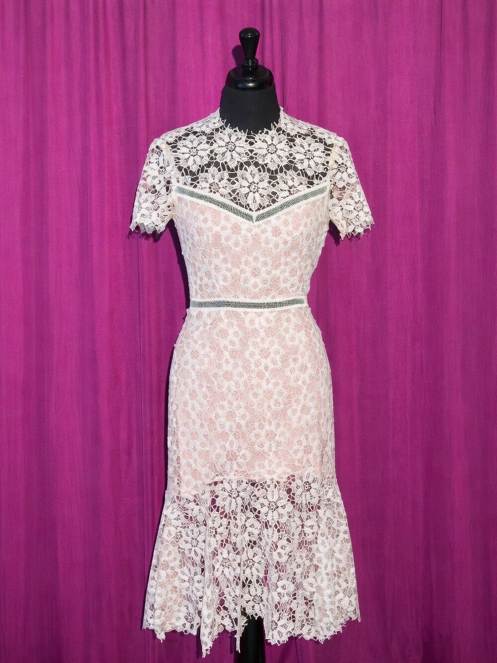 SAYLOR Sweet Sunday Best with an Edge: White Baby Pink Lace Backless Midi Dress